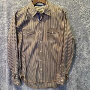 Arnold Zimberg Mens Button Shirt Medium Brown/Cream Stripe Cotton Hollywood